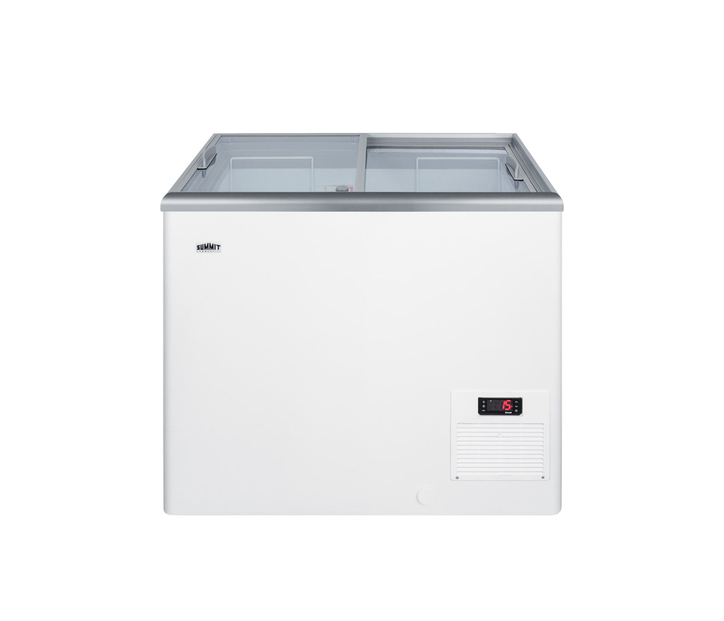 White commercial chest freezer with dual glass lids and digital temperature display in Freezers & Ice Makers collection