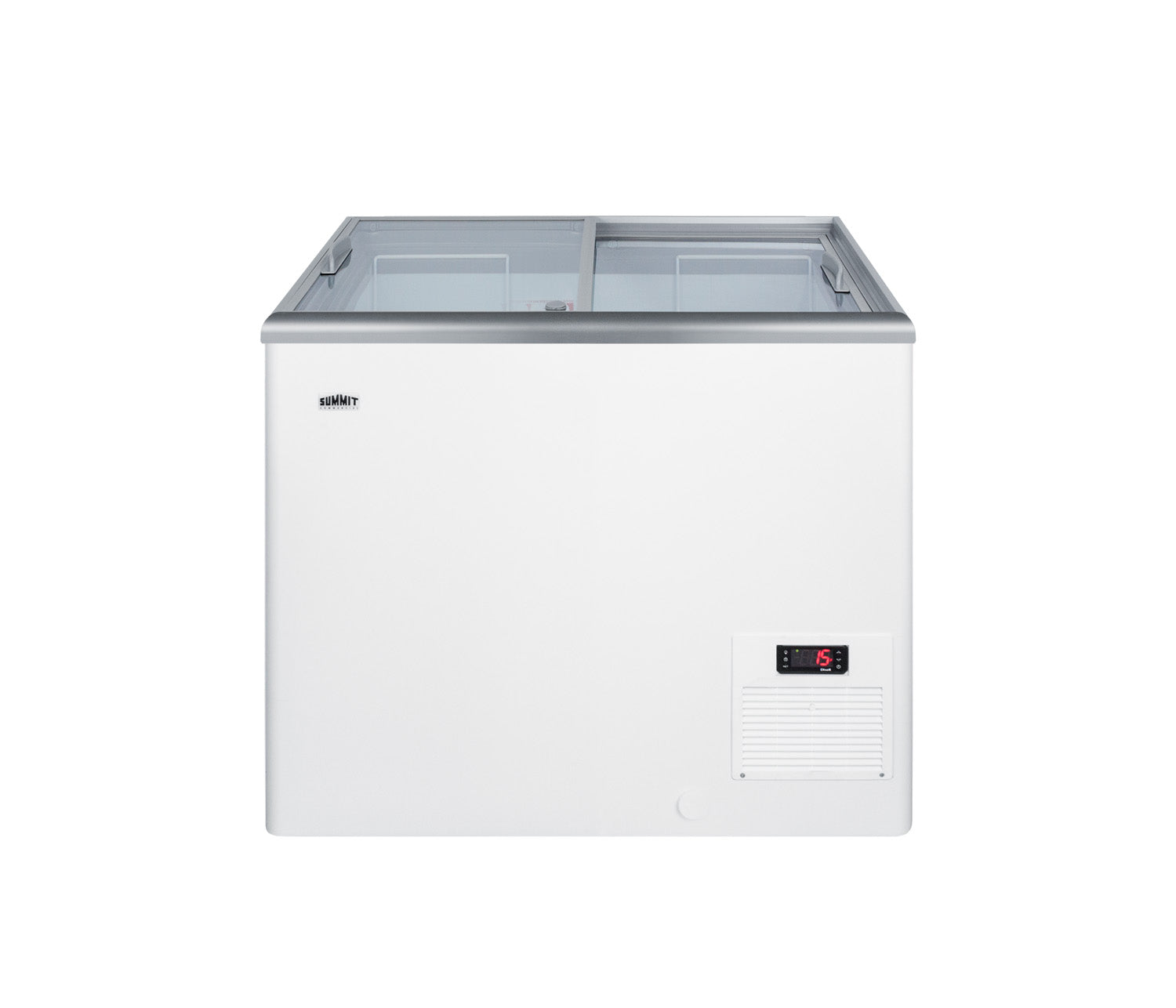 White commercial chest freezer with dual glass lids and digital temperature display in Freezers & Ice Makers collection