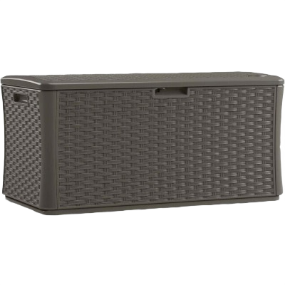 Brown resin wicker deck box with hinged lid and side handles for outdoor storage and home improvement use