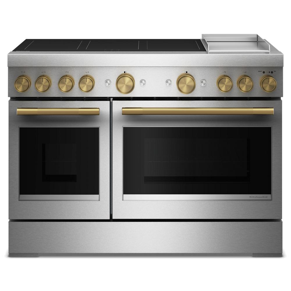 48-inch stainless steel induction range with six gold-tone control knobs and dual oven doors in modern kitchen setting