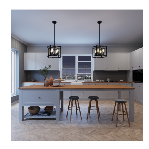 Two matte black caged 4-light chandeliers with art deco style over kitchen island in modern farmhouse kitchen