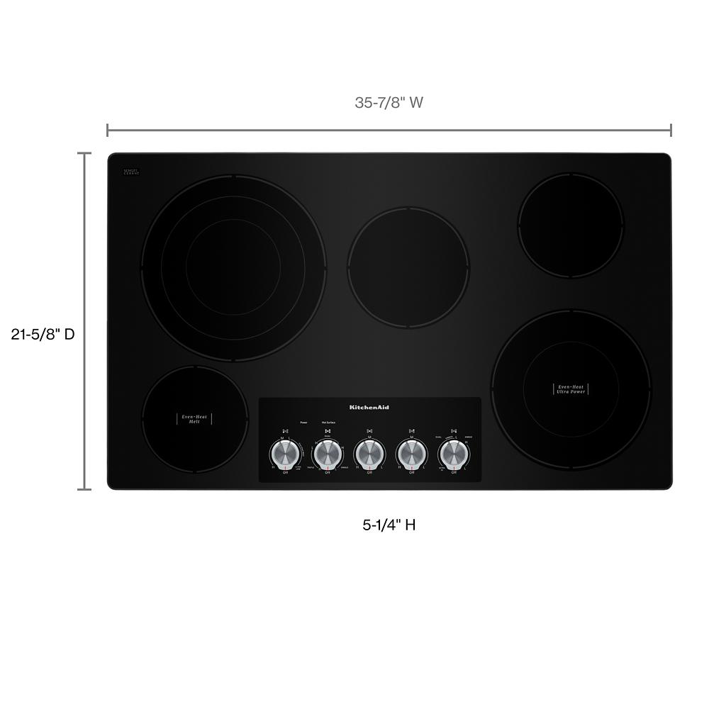Black electric cooktop with five radiant elements and knob controls for KitchenAid cooktops and kitchenware collections