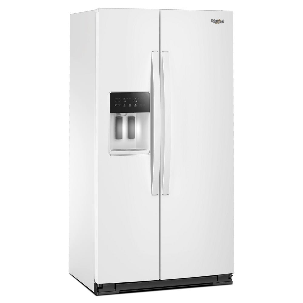 36-inch wide white side-by-side refrigerator with external water dispenser and digital control panel in kitchen appliances collection
