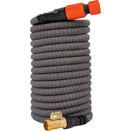 Coiled expandable garden hose with orange accents and brass connectors in Watering & Irrigation and Lawn & Garden collections