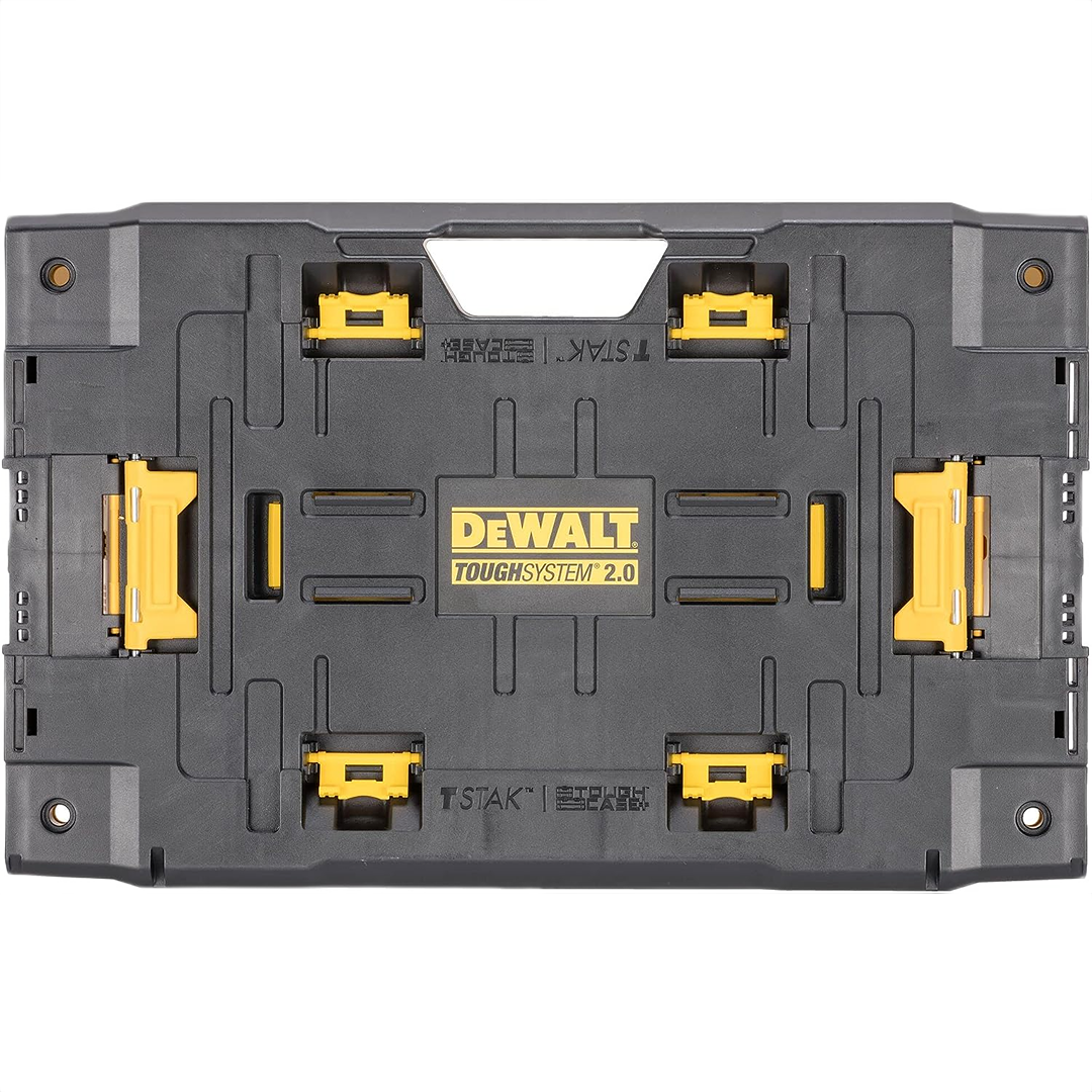 Black and yellow DEWALT TOUGHSYSTEM 2.0 adaptor for connecting tool storage and workshop organization systems