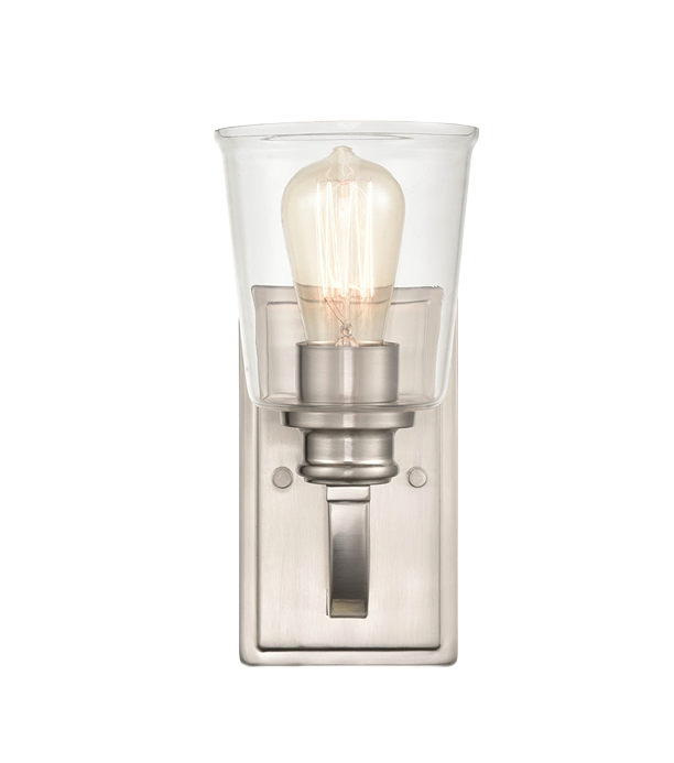 Wall-mounted brushed nickel sconce with clear glass shade and visible filament bulb for home improvement lighting