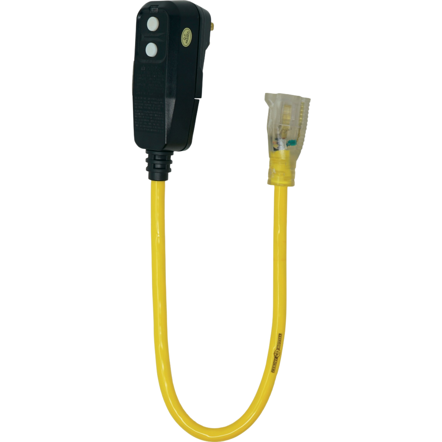 Yellow right angle GFCI adapter cord with two buttons and clear plug for tools and home improvement use