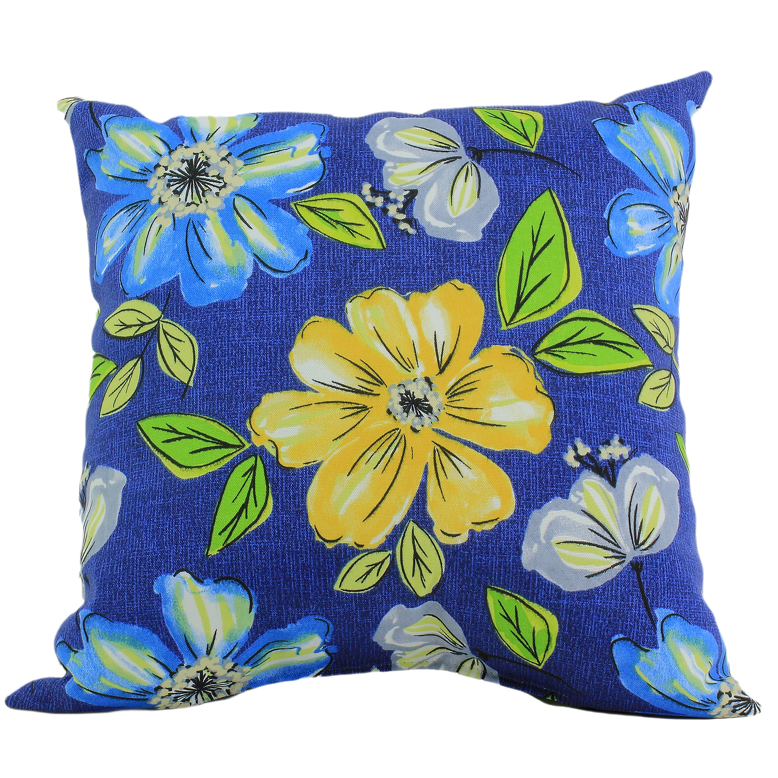 Square outdoor cushion with blue, yellow, and white floral print for patio furniture and outdoor living collections under $50