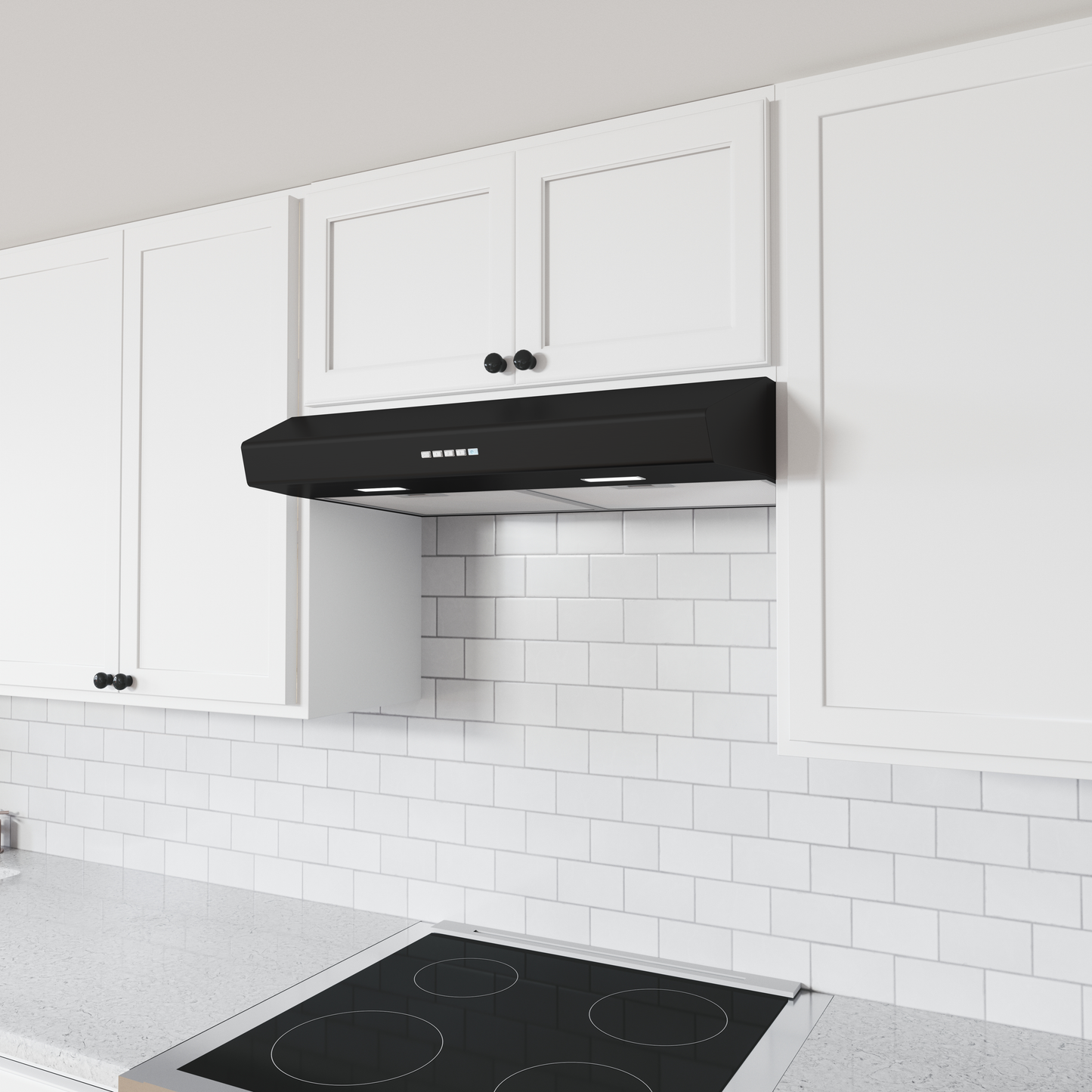 Black under cabinet range hood with LED lighting and electronic controls installed above electric cooktop in modern kitchen setting