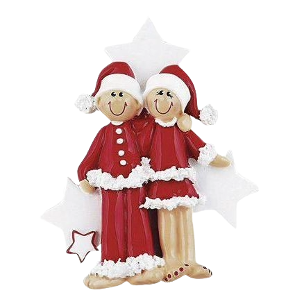 Festive couple figurine in matching red Santa pajamas and hats with white trim for Christmas ornaments under $50