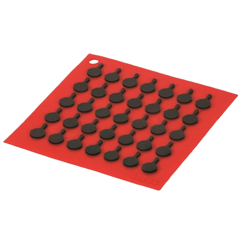 Red silicone square kitchen trivet with raised black paddle-shaped heat-resistant grips for home use