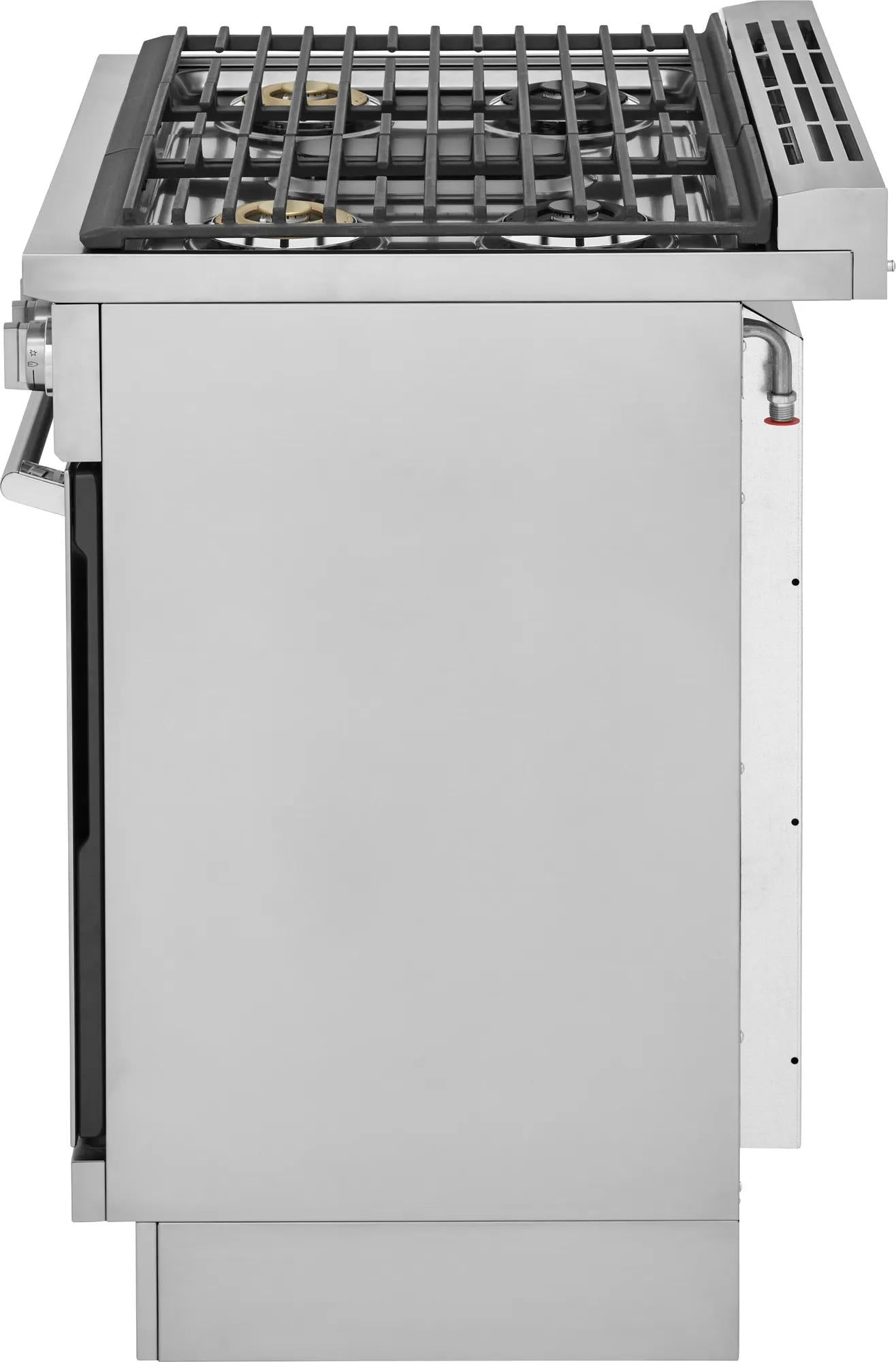 Side profile of stainless steel 30-inch dual-fuel range with cast iron grates in kitchen appliance collection