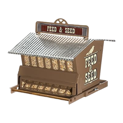 Metal squirrel-resistant bird feeder with rustic farmhouse design for outdoor seed feeding and home improvement use