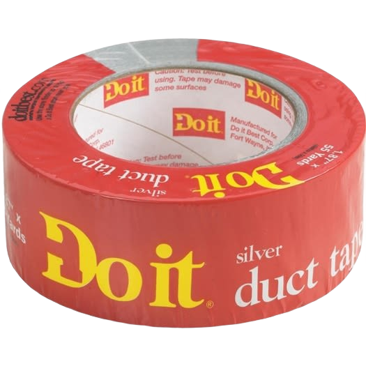 Silver roll of duct tape wrapped in red branded packaging for tools and home improvement projects