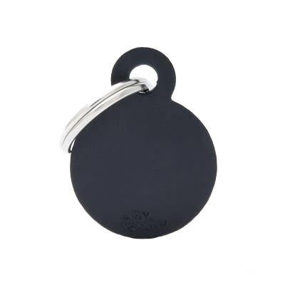 Small black round ID tag with silver key ring for personal identification and organization purposes