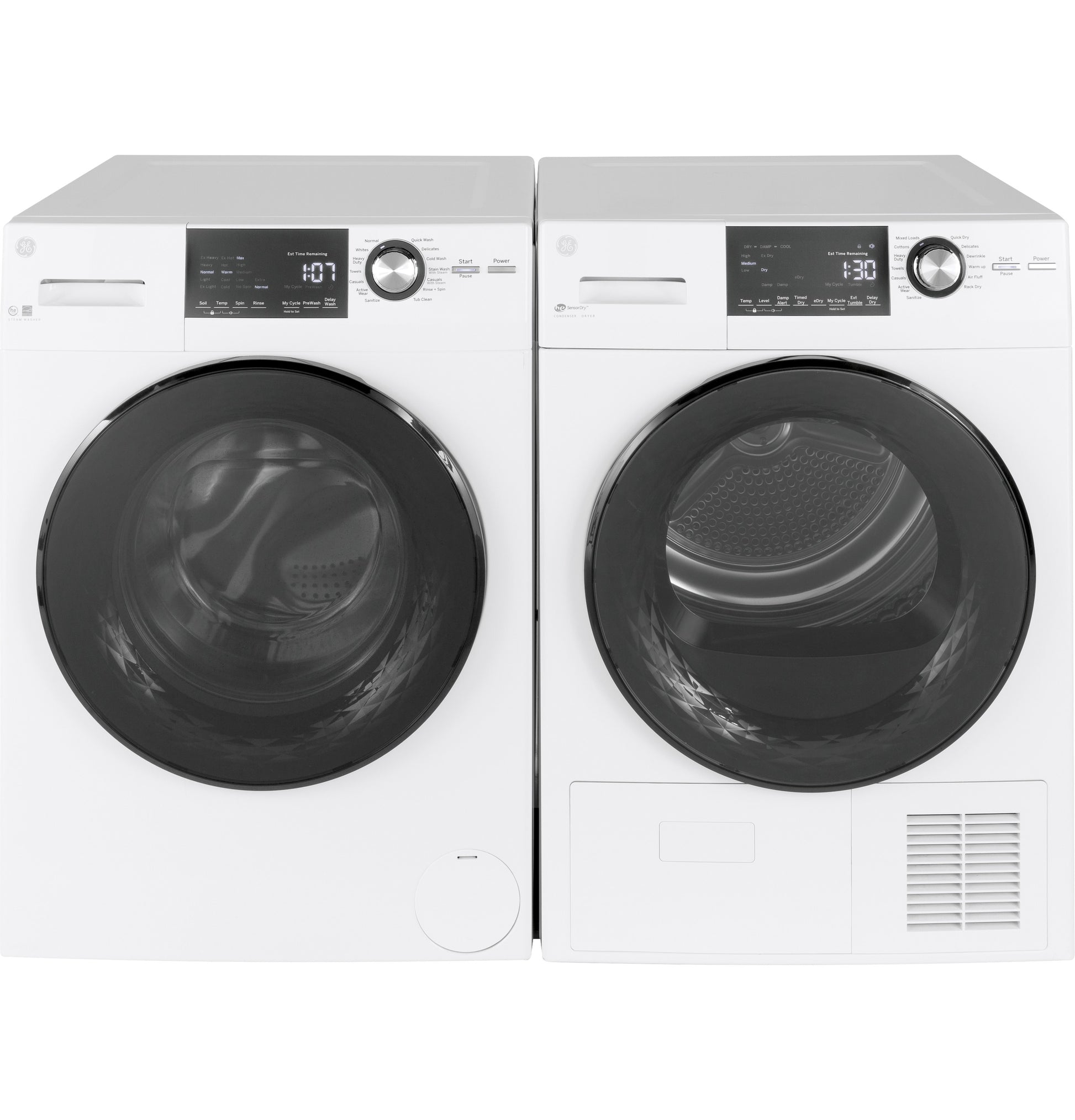 White front load washer and dryer set with digital controls from washers and dryers collection in modern laundry appliances