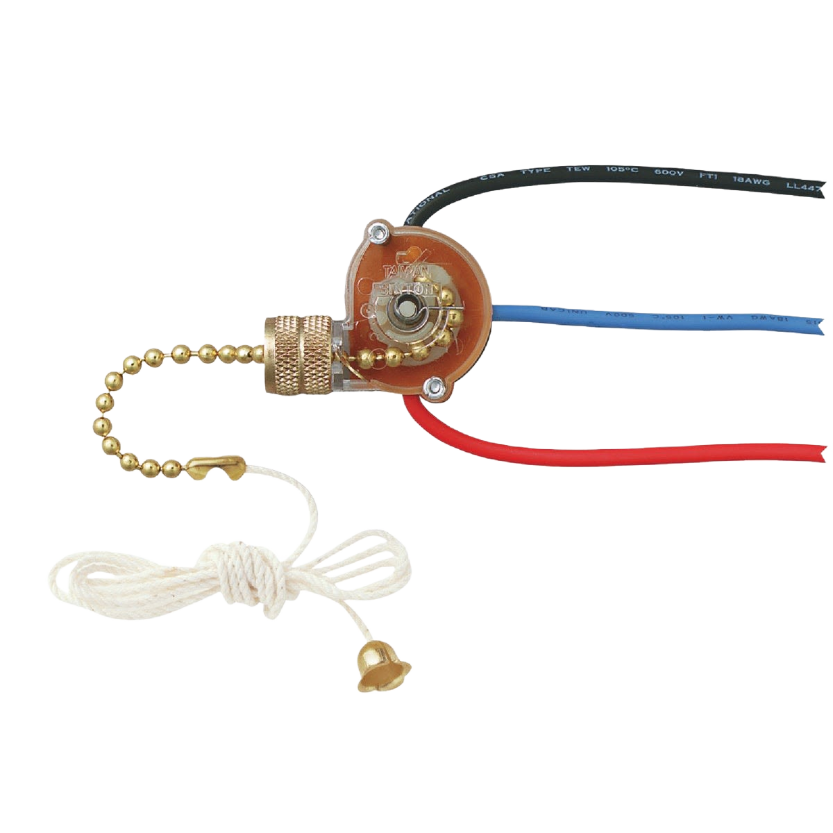 3-speed ceiling fan pull chain switch with brass bead chain and colored wiring for electrical and lighting projects under $50