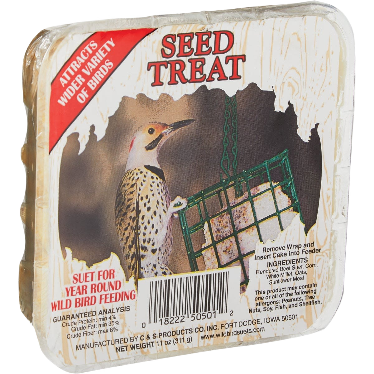 Square suet cake treat in clear packaging showing a woodpecker on bird seed feeder in outdoor living supplies