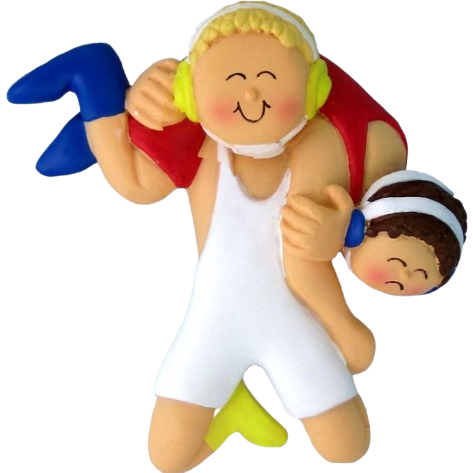Cheerful blonde male wrestler figurine lifting opponent, festive Christmas ornament for tree decoration collection