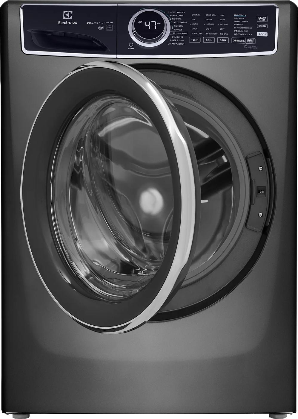 Dark gray front load washer with open door and digital controls in modern front load washers and appliances collection