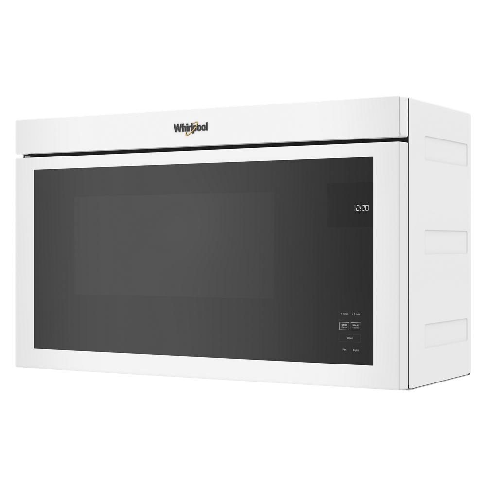 White Whirlpool flush mount microwave with smooth front panel and digital control display in kitchen appliances collection