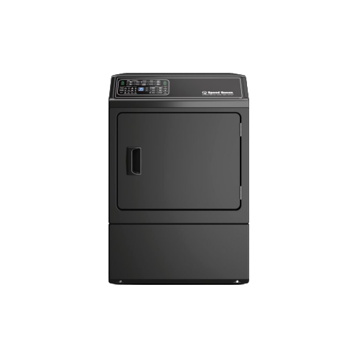 Front load electric dryer in matte black with digital control panel in dryer's appliance collection
