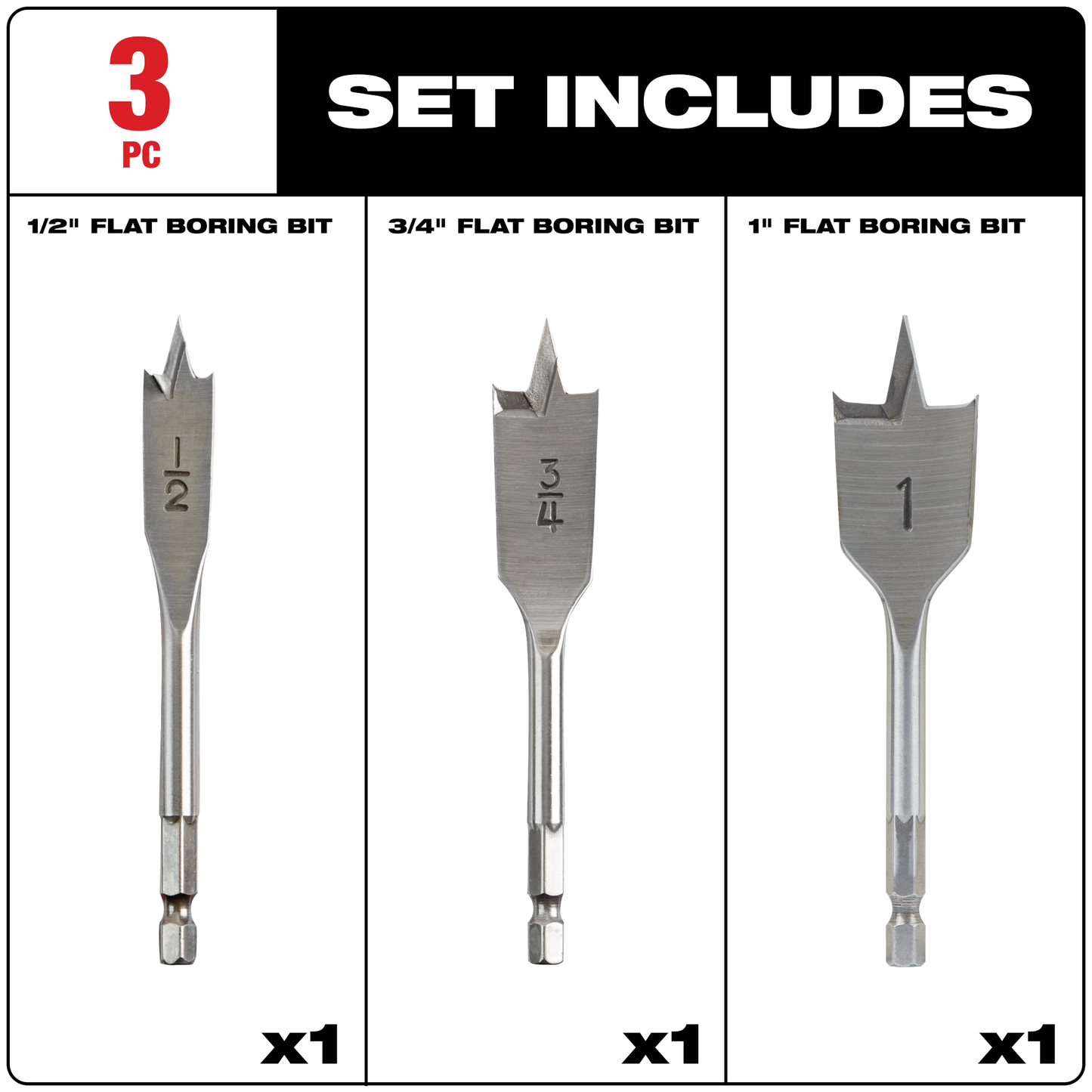 Milwaukee 3PC Stubby Flat Boring Set