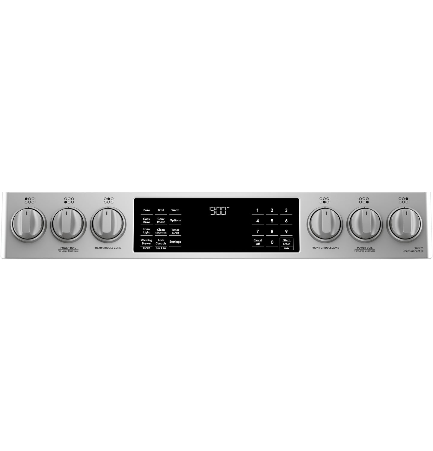 Control panel of a stainless steel smart range with digital display and six front-control knobs in kitchen appliance collection