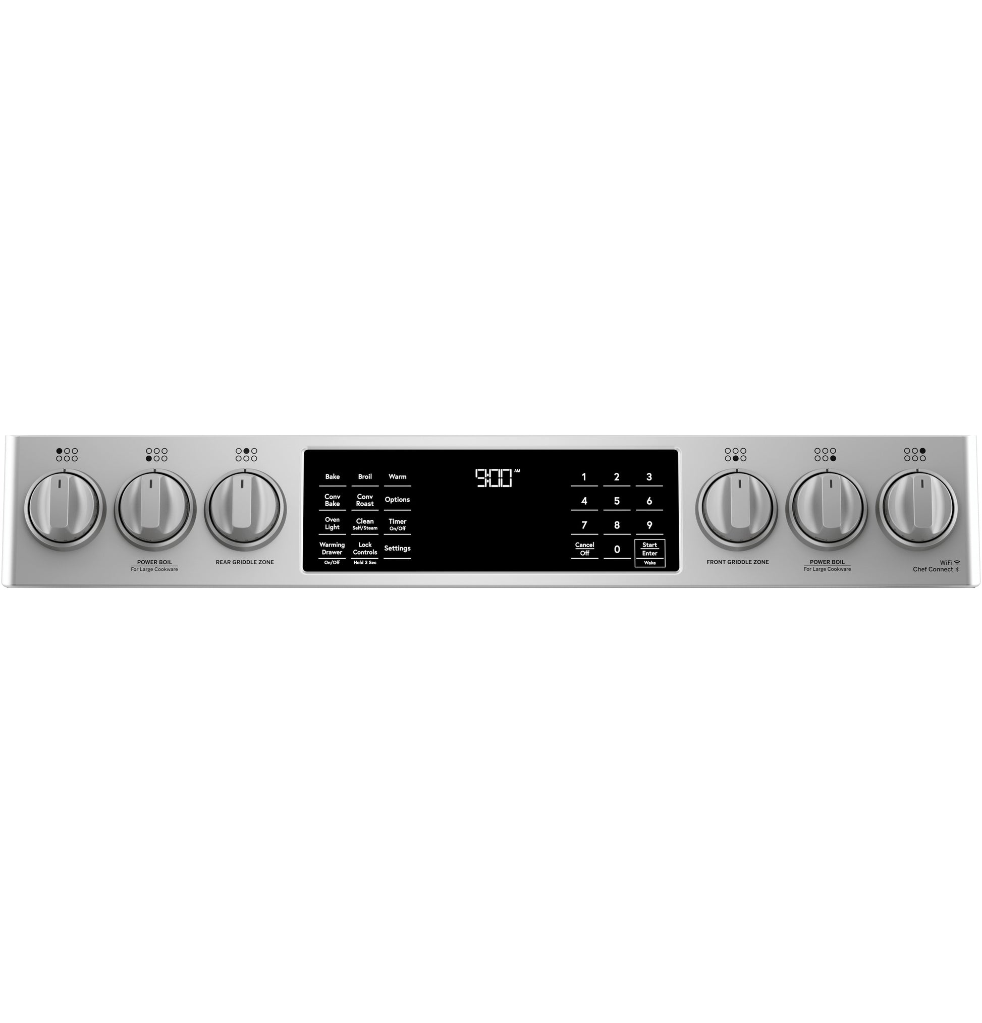 Control panel of a stainless steel smart range with digital display and six front-control knobs in kitchen appliance collection