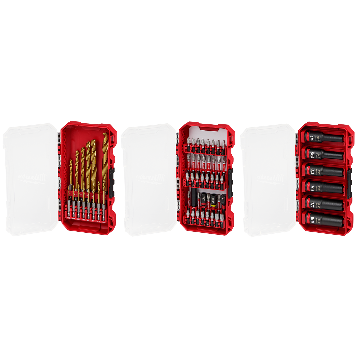 Three red Milwaukee PACKOUT™ cases with clear tops displaying an assortment of gold and silver drill bits, impact duty fastening bits, and driver sockets, part of tool accessories at Hartville Hardware for home improvement and woodworking use.