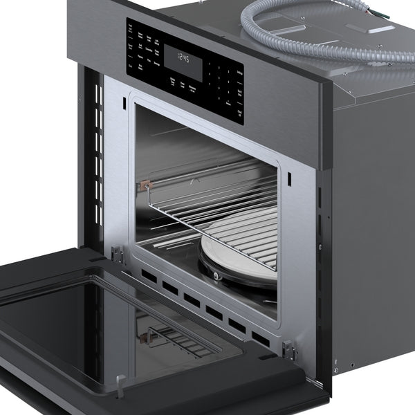 Open black stainless steel speed oven with interior shelves and digital control panel from kitchen appliances collection