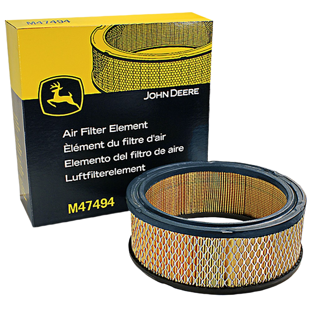 John Deere air filter element with yellow-black packaging for tractor engine protection in parts and lubricants collection