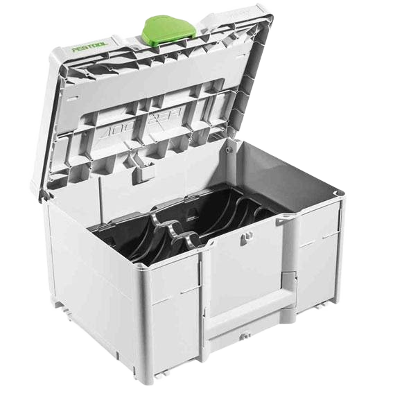 Compact white tool storage box with green latch and organized compartments for workshop and jobsite use