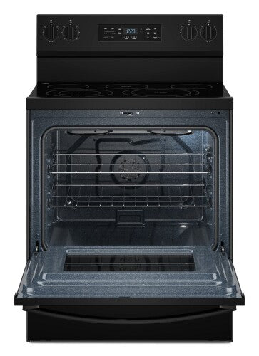 Black 30-inch electric range with open oven door and Air Cooking Technology in kitchen appliances collection