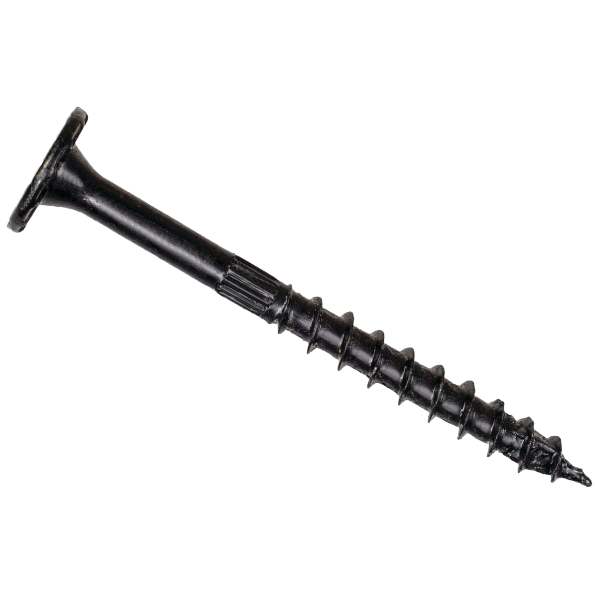 Black structural deck screw with corrosion-resistant finish for lumber and building materials in home improvement projects