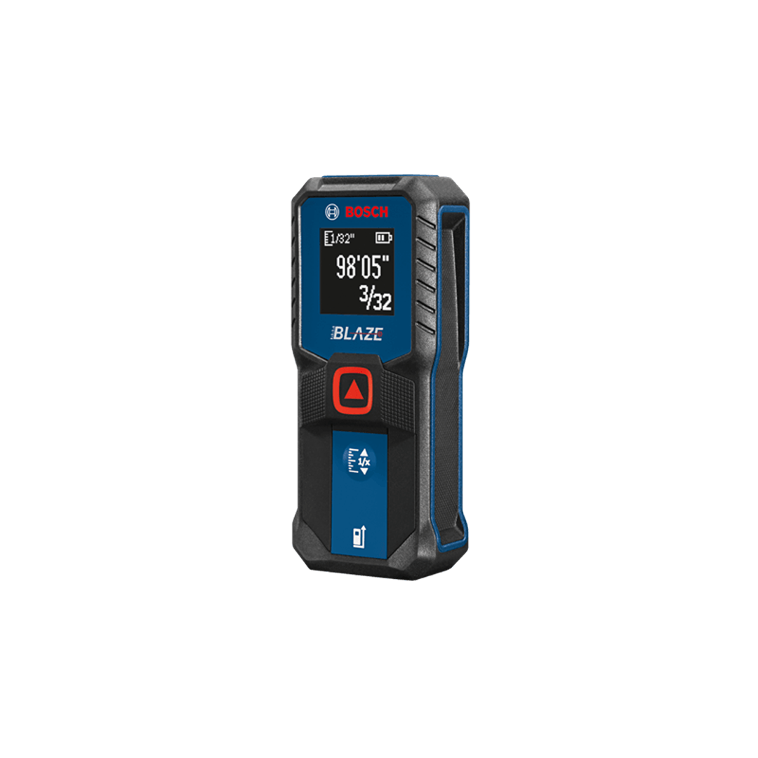 Compact Bosch laser measuring tool with illuminated LCD screen, intuitive icons, and durable design for woodworking and home improvement.