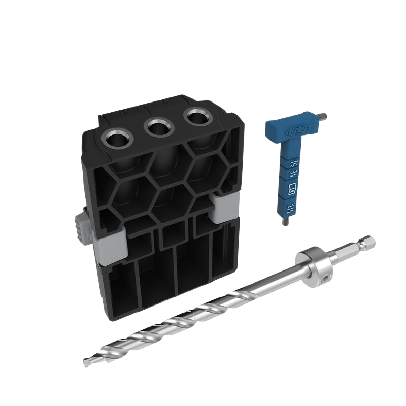 Compact black drill guide with hex pattern, metal drill bit, and blue depth collar for woodworking tool accessory kit