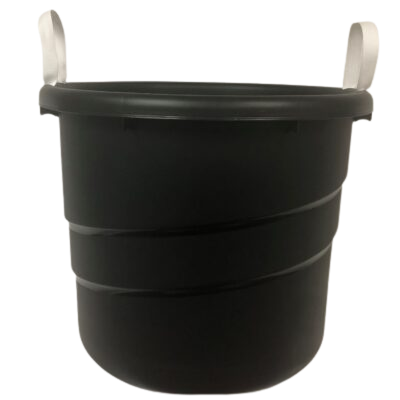 Black durable plastic utility tub with reinforced rim and white handles for heavy-duty use in home improvement tasks