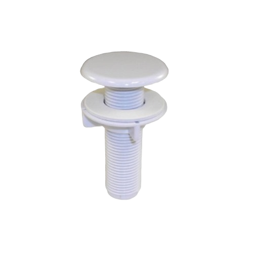 White plastic sink hole cover with threaded shank for plumbing parts and sink repair applications