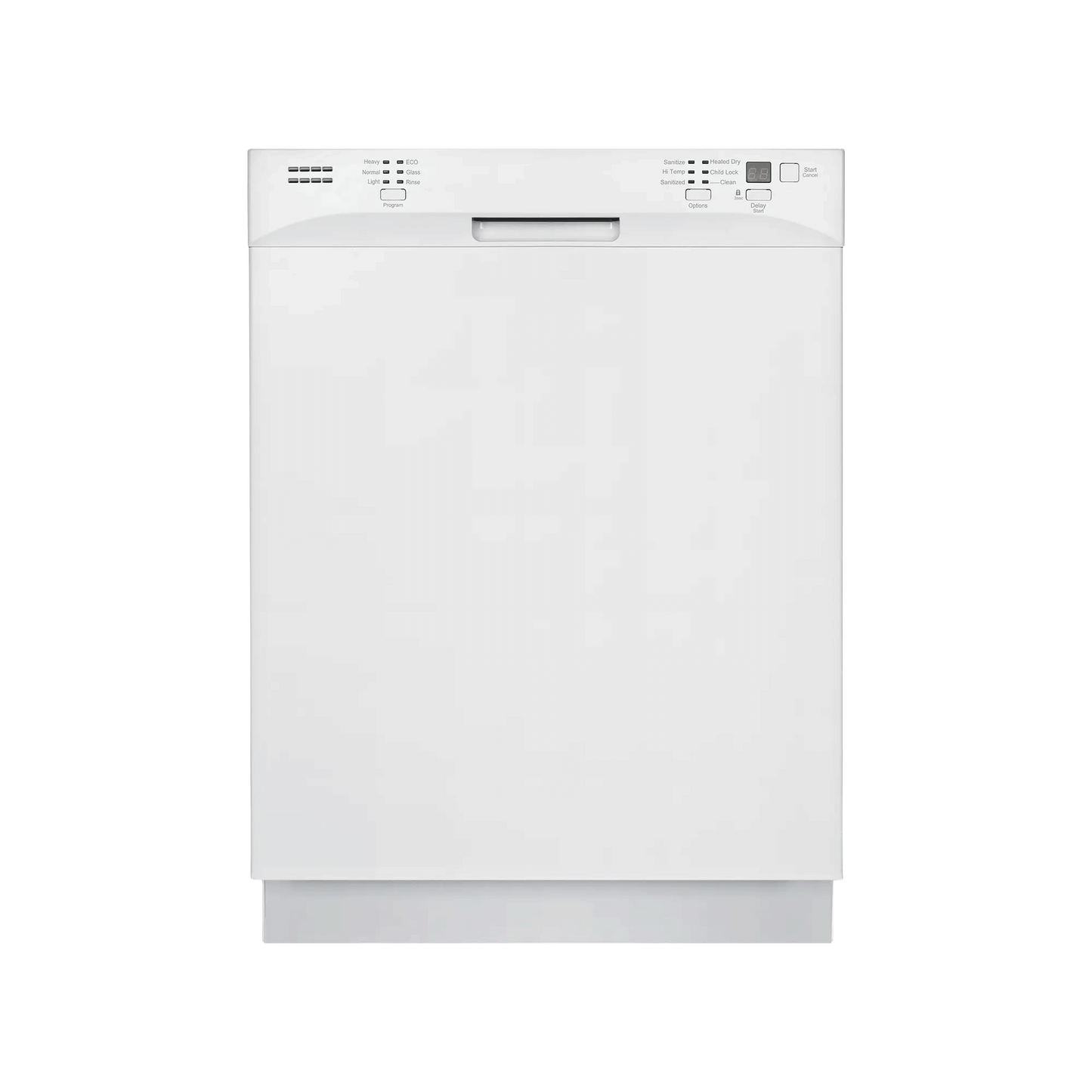 White built-in front control dishwasher with multiple cycle options and sleek handle for kitchen appliance use.