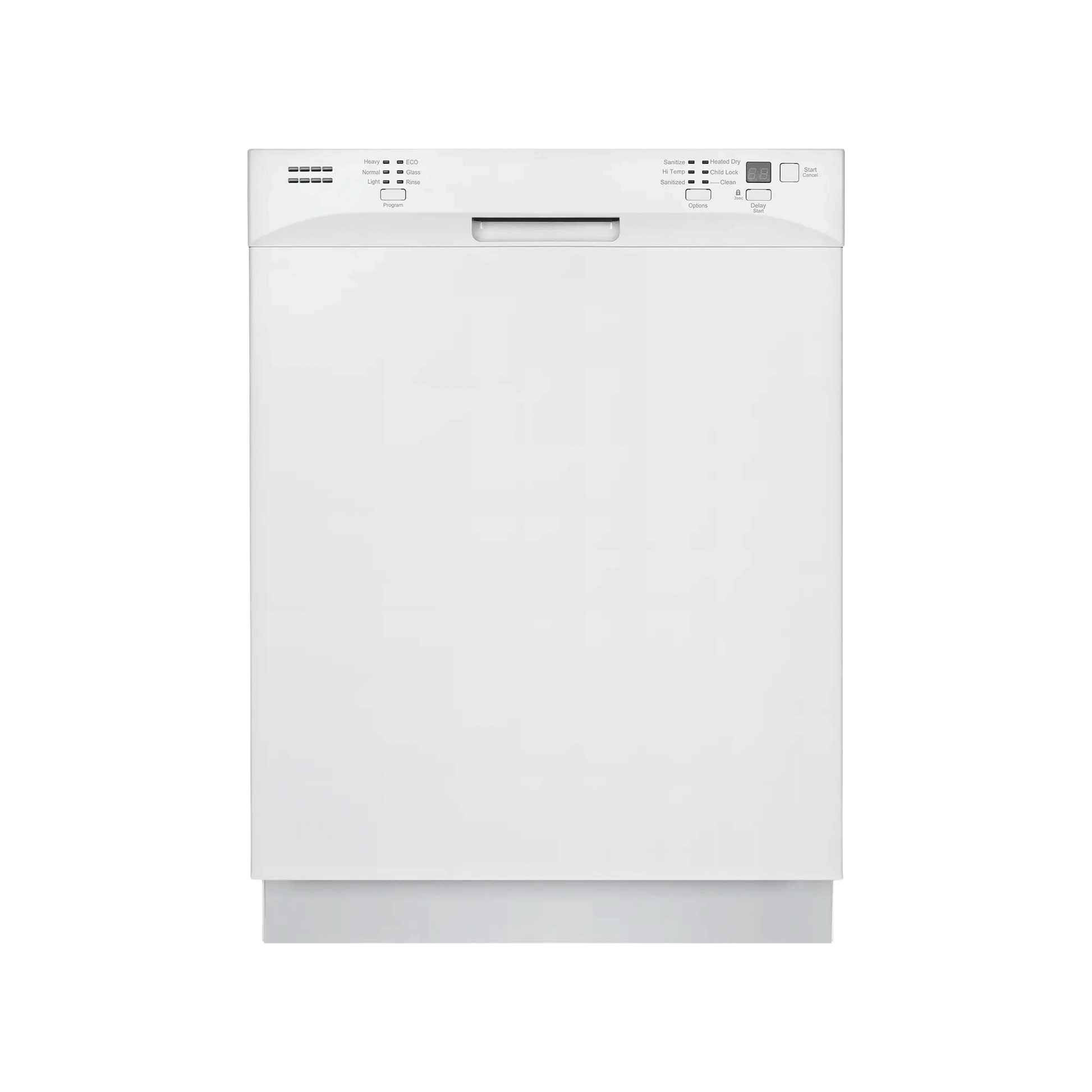 White built-in front control dishwasher with multiple cycle options and sleek handle for kitchen appliance use.