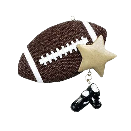 Brown football ornament with hanging black cleats and gold star for Christmas Ornaments & Tree Decorations collection