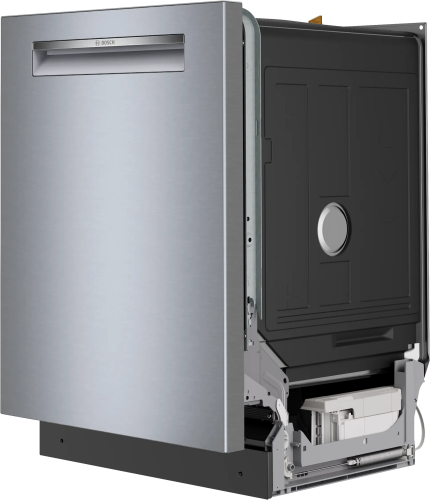 Angled view of a stainless steel Bosch built-in dishwasher with anti-fingerprint finish, featured in Dishwashers, Built-in Dishwashers, Kitchen & Kitchenware, All Products, Bosch, and Appliances at Hartville Hardware.