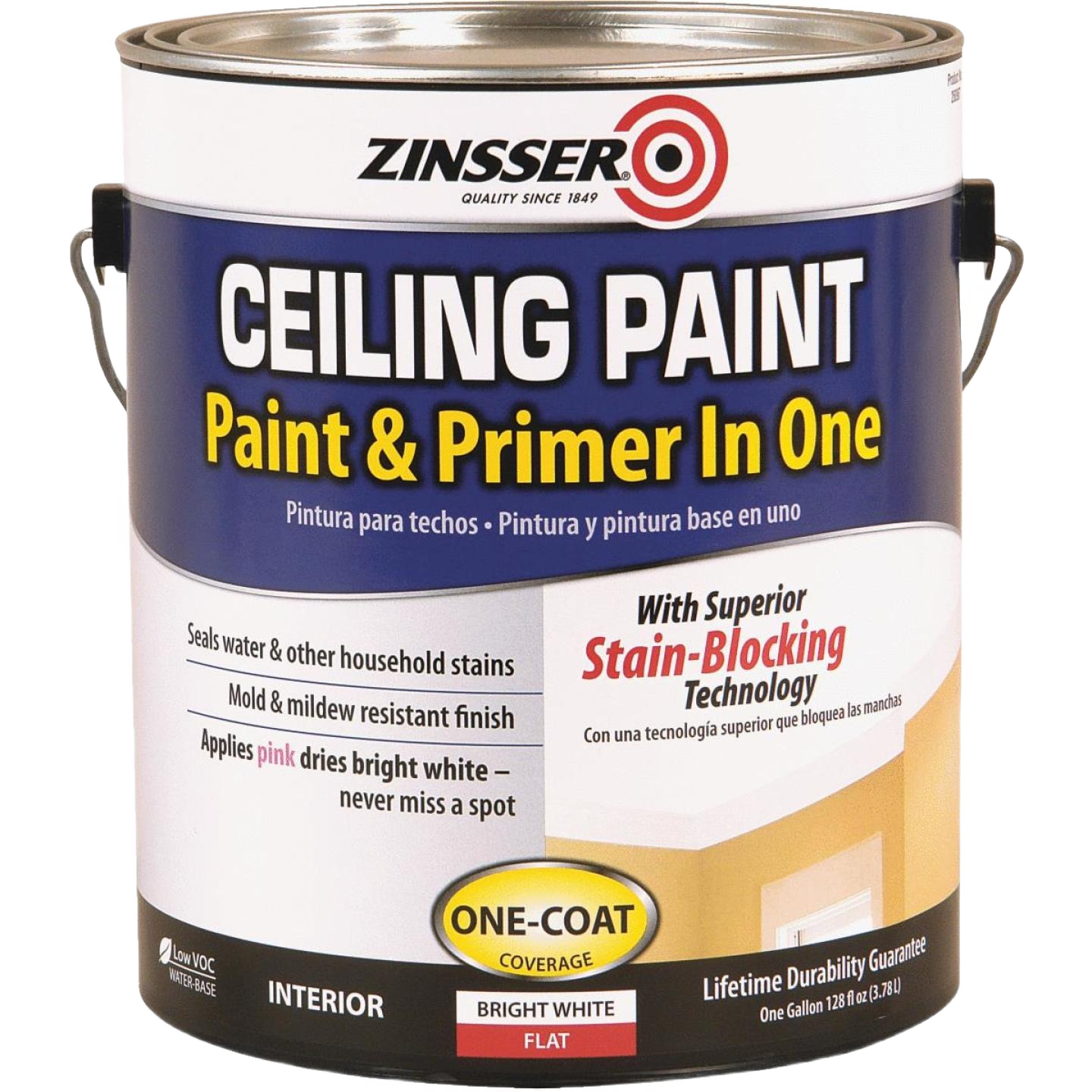 One-gallon bright white ceiling paint and primer with stain-blocking, mold-resistant finish for interior home improvement projects
