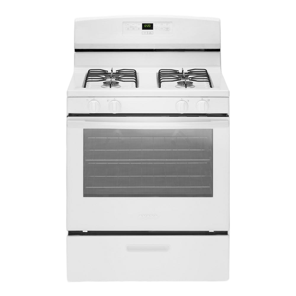 white 30-inch gas range with four burners and large oven window in ranges and kitchen appliances collection