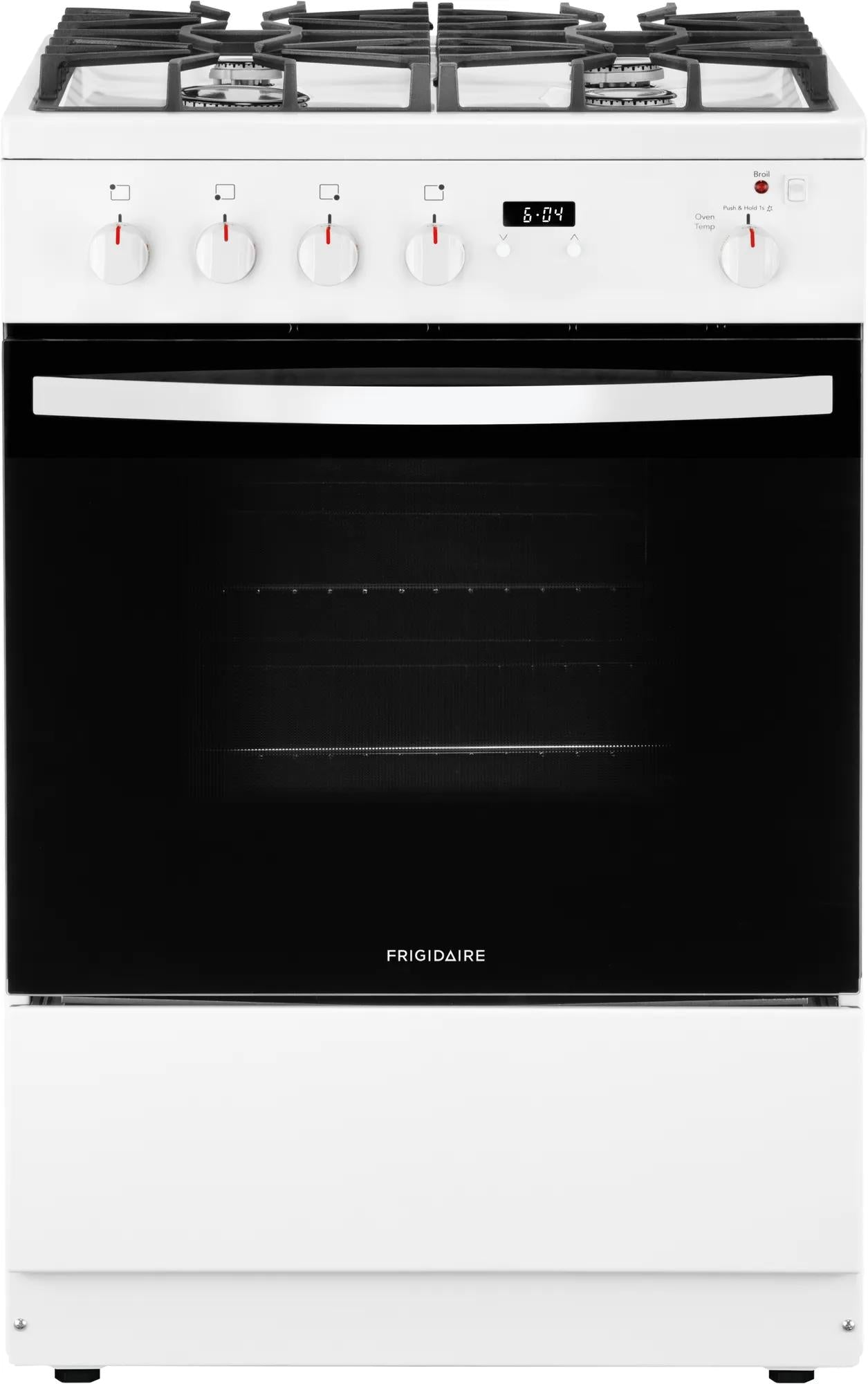 white freestanding 24-inch gas range with front controls, digital clock, and large oven window in kitchen appliances collection