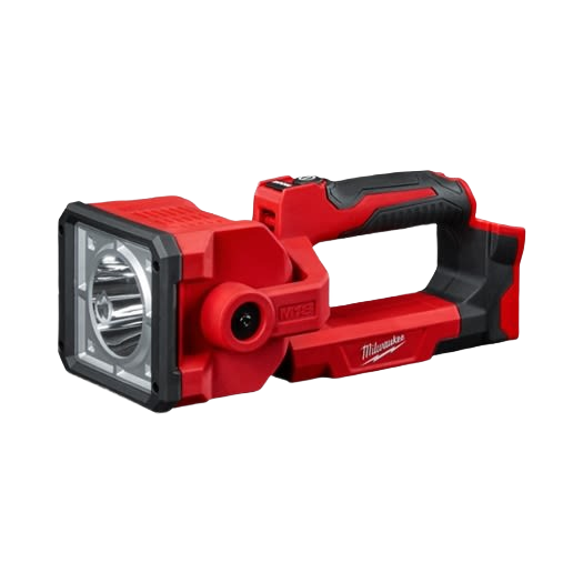 Red and black cordless flashlight with pivoting head designed for long-distance illumination in tools and flashlights collection