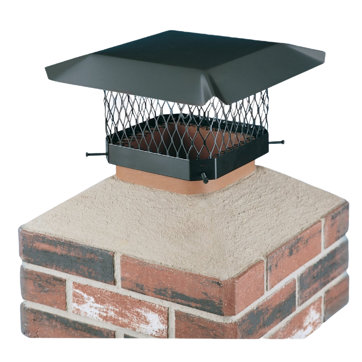 Black steel chimney cap with mesh guard installed on brick chimney for plumbing and home improvement tools collections