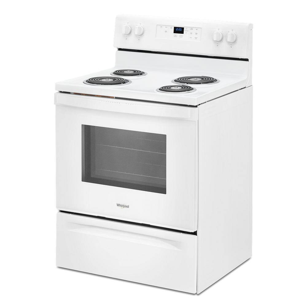 White electric range with coil burners, digital display, oven window, and storage drawer in Ranges & Cooktops at Hartville Hardware