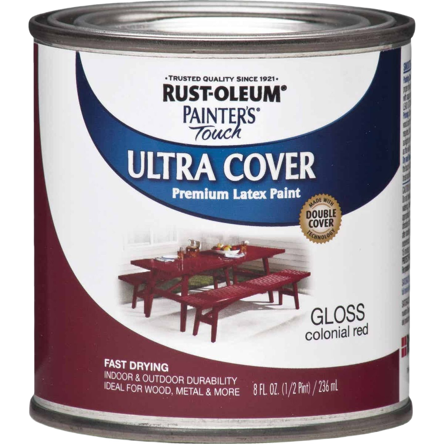 Half-pint can of Rust-Oleum gloss colonial red paint for indoor and outdoor home improvement projects